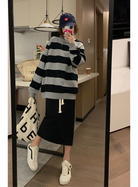 Veee 搭配不孤单 可搭任何上衣百搭显瘦抽绳开叉半身裙黑色直筒裙