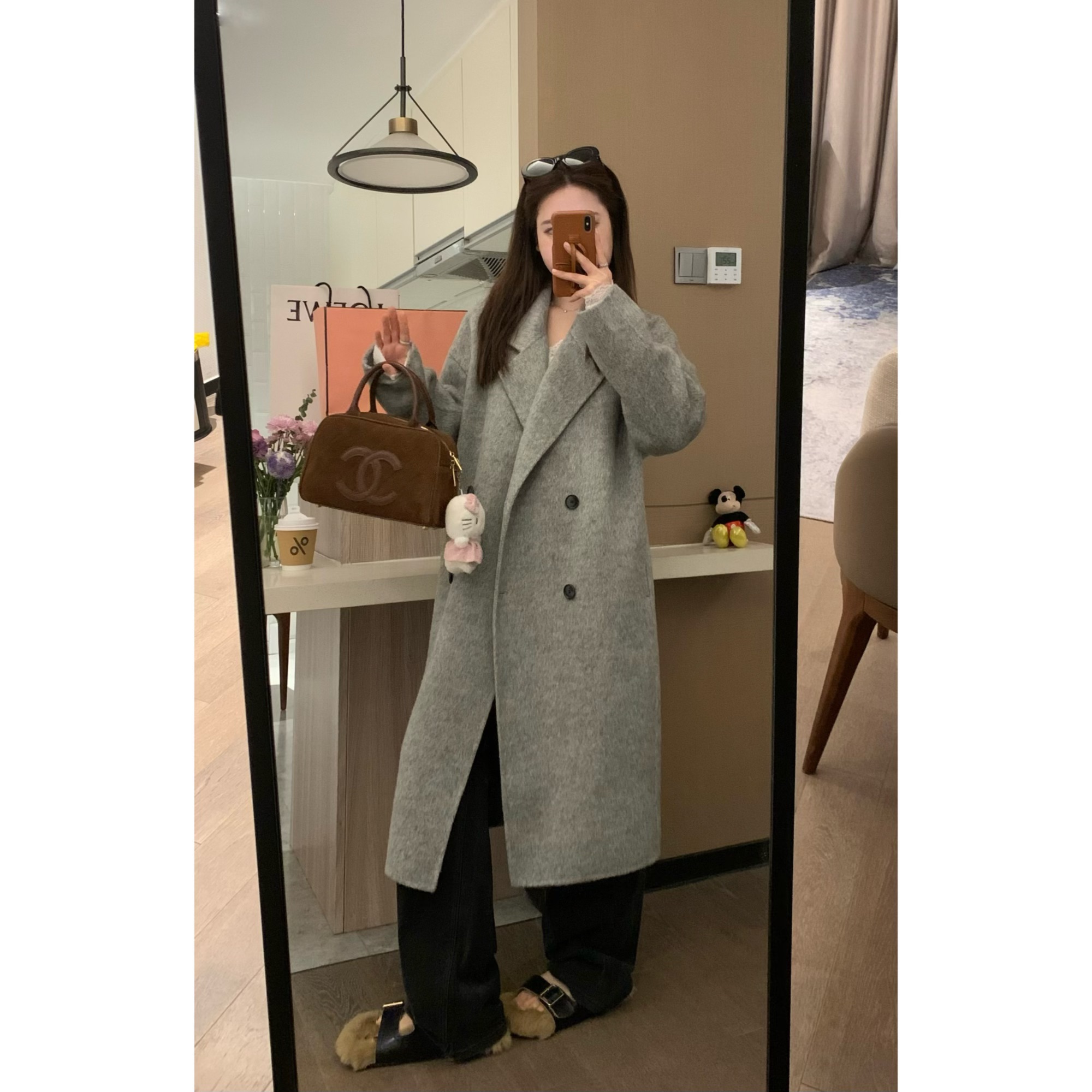 气质挂灰色全羊毛翻领显瘦双面呢