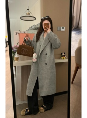 VASSE 经典款 气质挂灰色全羊毛翻领显瘦双面呢毛呢大衣韩系外套