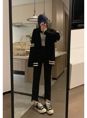 Veee细节控刺绣 慵懒时髦宽松撞色厚实黑色oversize毛衣开衫外套