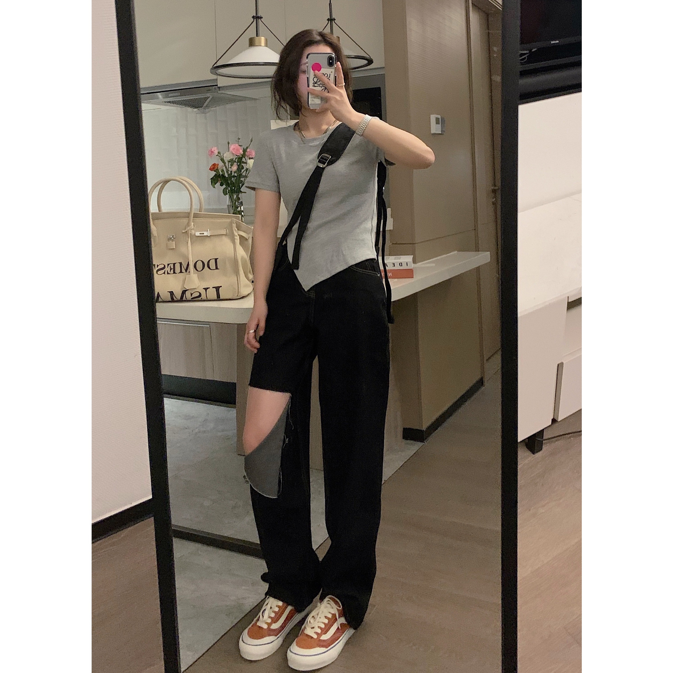 破洞黑灰牛仔直筒裤显瘦拖地神裤