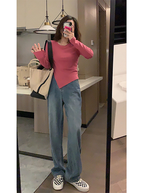 Veee A4腰设计感显瘦辣妹 短款斜边开叉多色百搭长袖T恤打底上衣