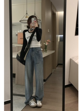 Veee ju显瘦正肩T恤 美式圆领插肩袖字母印花辣妹长袖修身打底T