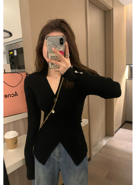 Veee显瘦纸片人V领A4腰 修身坑条纯欲风针织毛衣交叉开叉长袖上衣