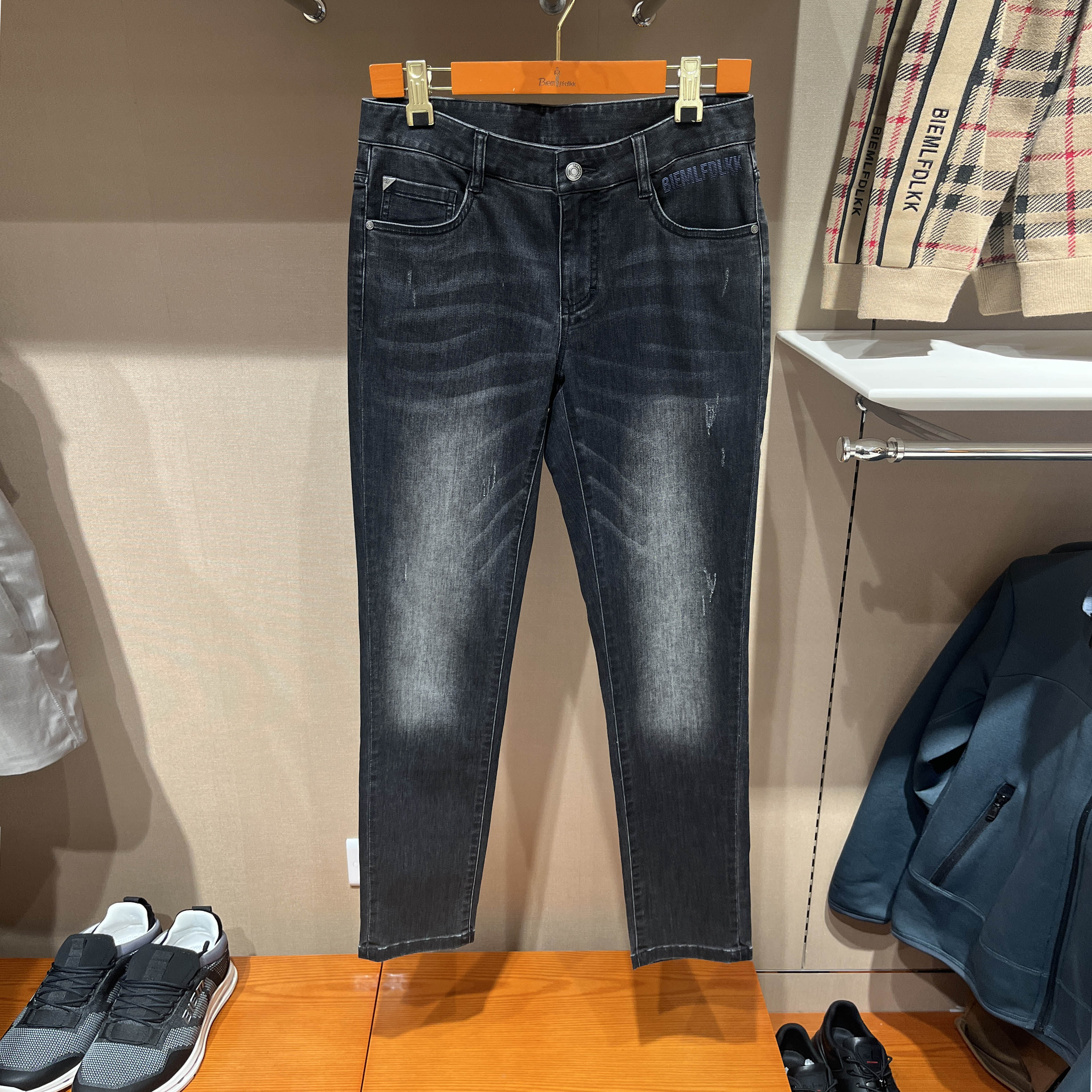 【环保弹力】比音勒芬春夏季男休闲棋盘格水洗猫须纹理牛仔裤长裤