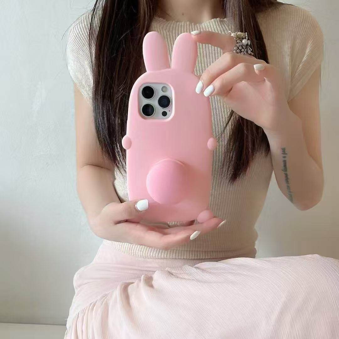 ins风可爱粉色兔子耳朵尾巴支架适用苹果16手机壳iphone15promax新款14硅胶软壳13防摔保护套15超好看创