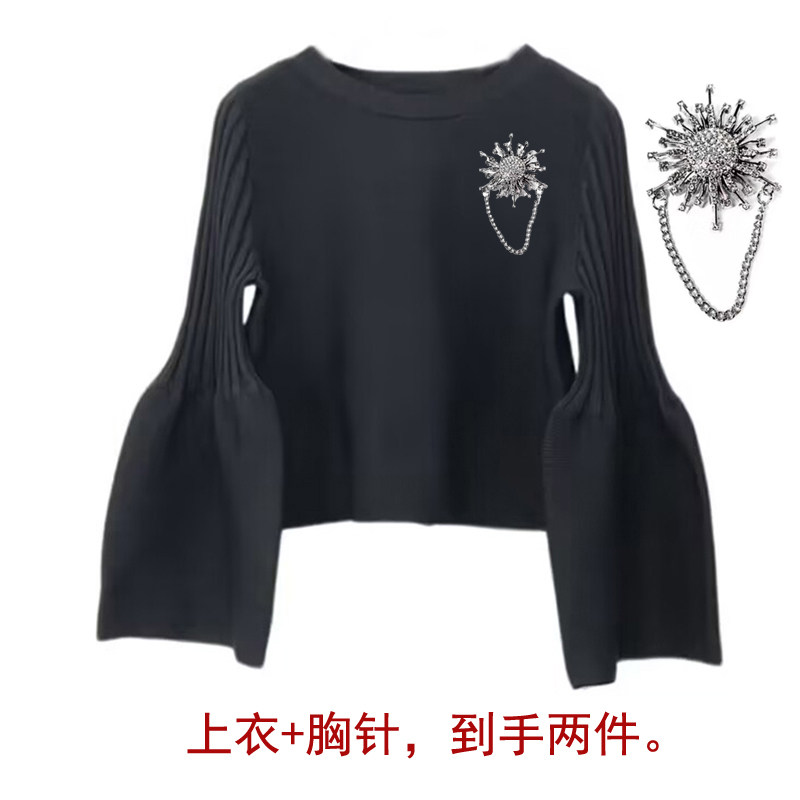 针织毛衫灯笼袖毛衣玻璃钻胸针
