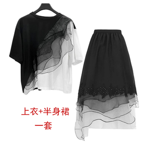 2025夏季新款女装S·D撞色棉短袖T恤上衣蕾丝绣花仙女半身裙套装