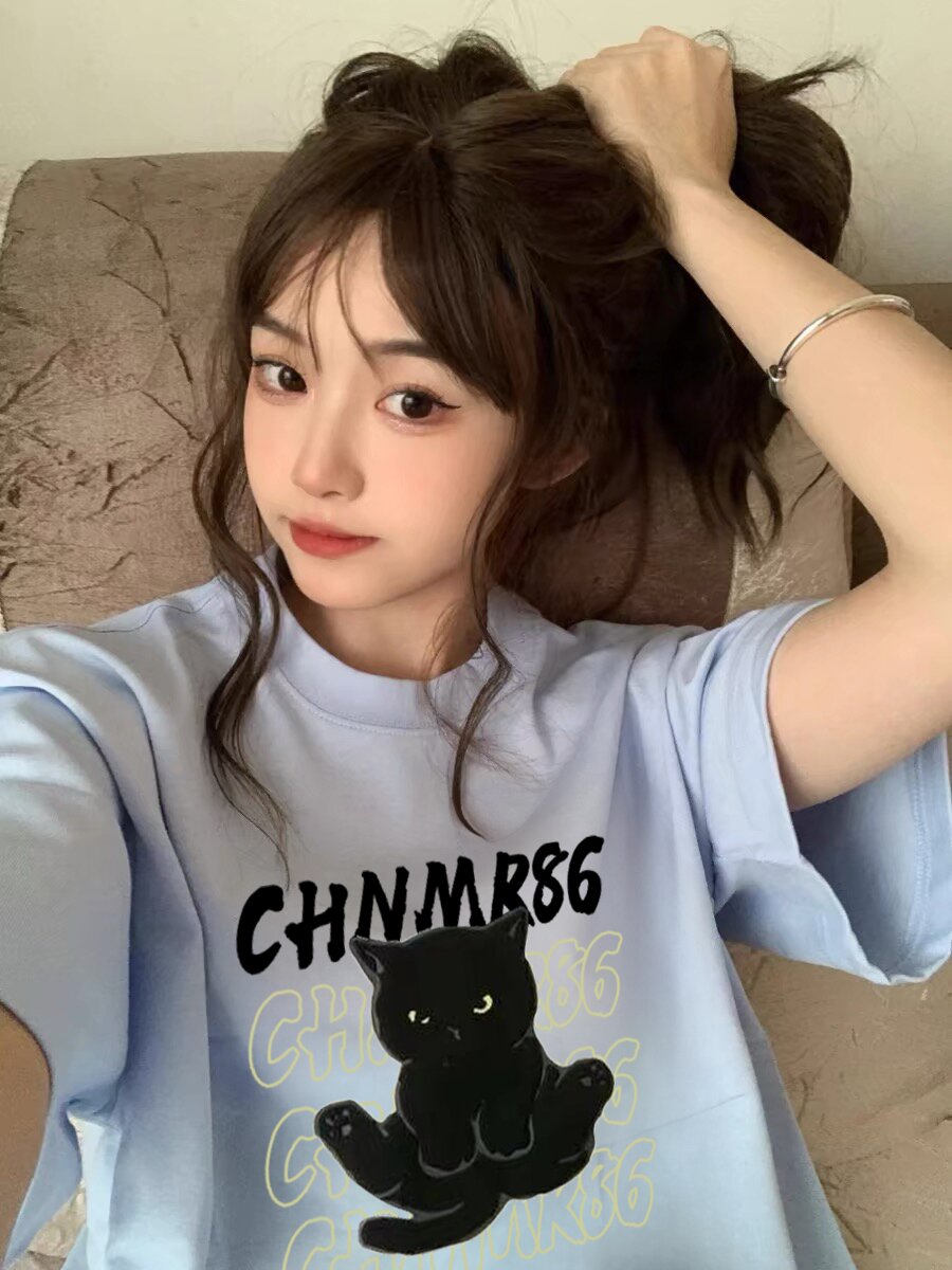 纯棉短袖t恤女2025新款爆款宽松上衣早春夏装美式设计感正肩半袖