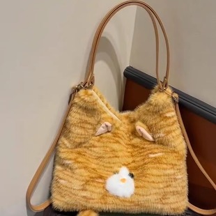 可爱萌萌哒小猫咪双肩包大容量毛绒通勤单肩包旅行托特包一包多背