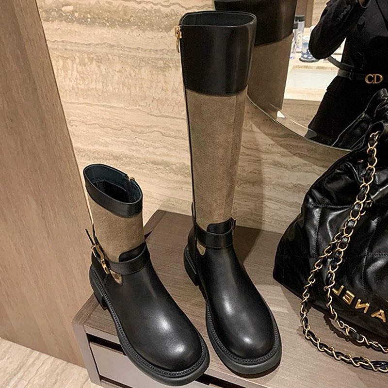 牛皮版~葡萄ma同款厚底拼色法式复古骑士靴子高筒长靴西部瘦瘦靴