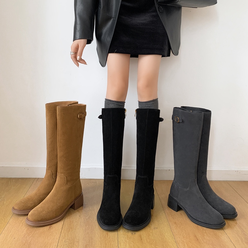 配大衣全牛反绒面骑士靴2025冬粗中跟圆头磨砂牛皮真皮高筒长靴女
