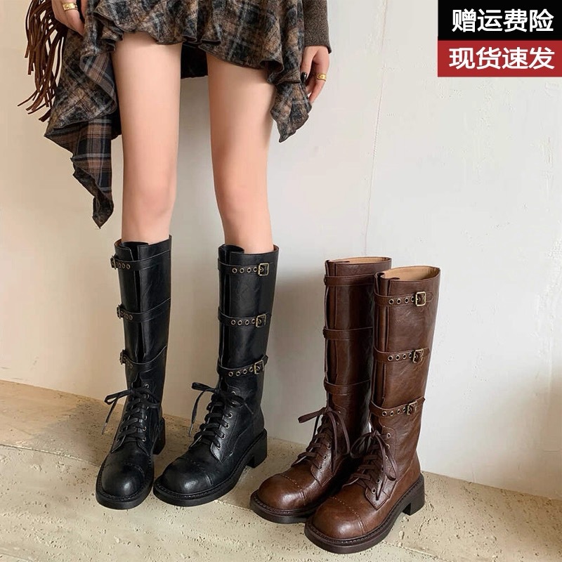 牛皮~美拉德绑带高筒骑士靴女秋冬新款真皮复古做旧皮带扣长筒靴