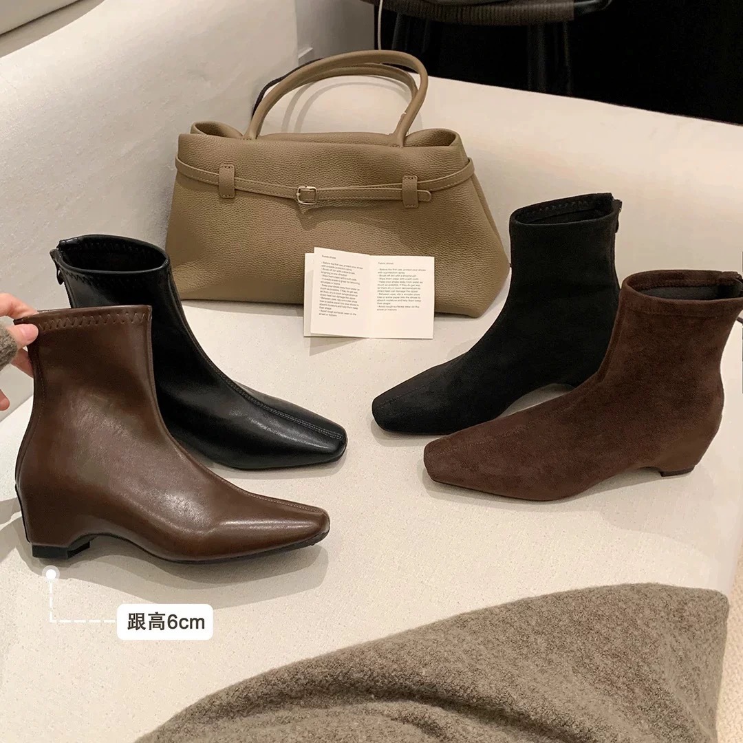 牛皮版~葡萄ma同款真皮马丁靴内增高6cm方头后拉链瘦瘦靴子女短靴