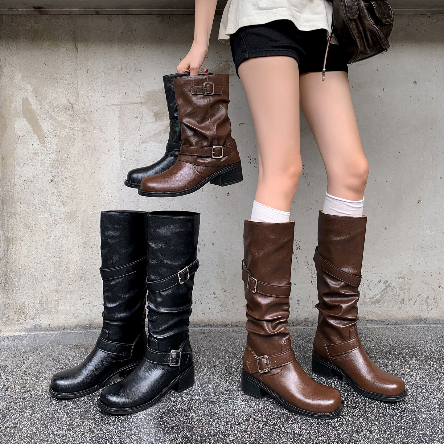 韩系松弛感堆堆骑士靴2025冬粗中跟圆头牛皮弹力皮带扣高筒长靴女