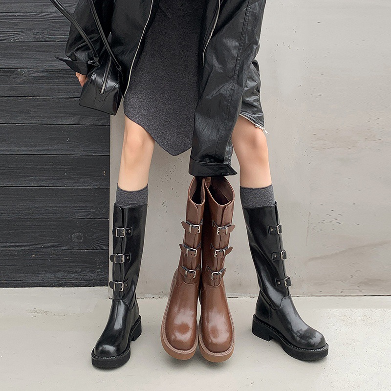 韩版chic三排皮带扣全牛皮骑士靴2025冬厚底粗中跟真皮中筒靴子女