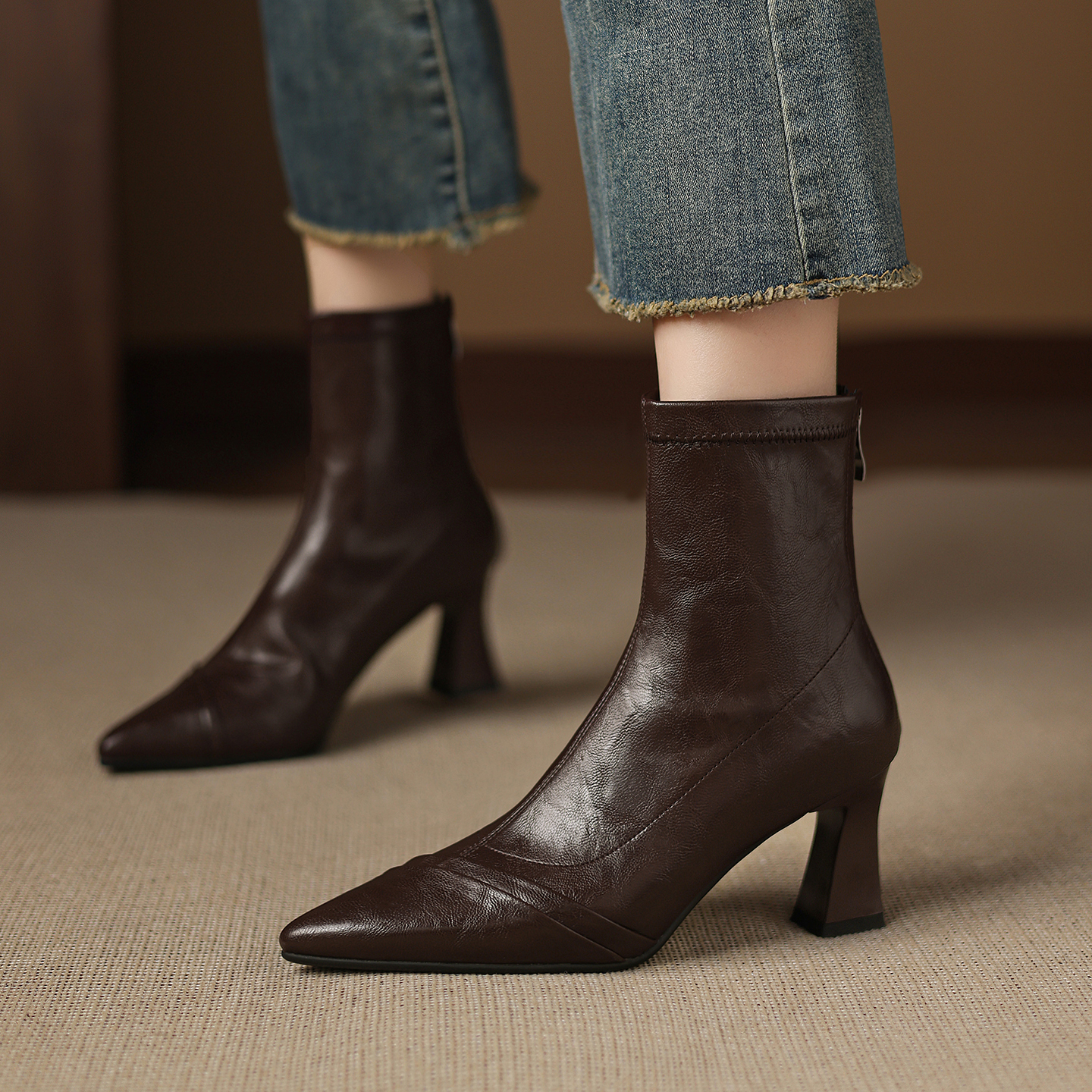 纯手工制作~高跟短靴女巨软瘦瘦靴女棕色尖头高跟小短靴细跟34-42