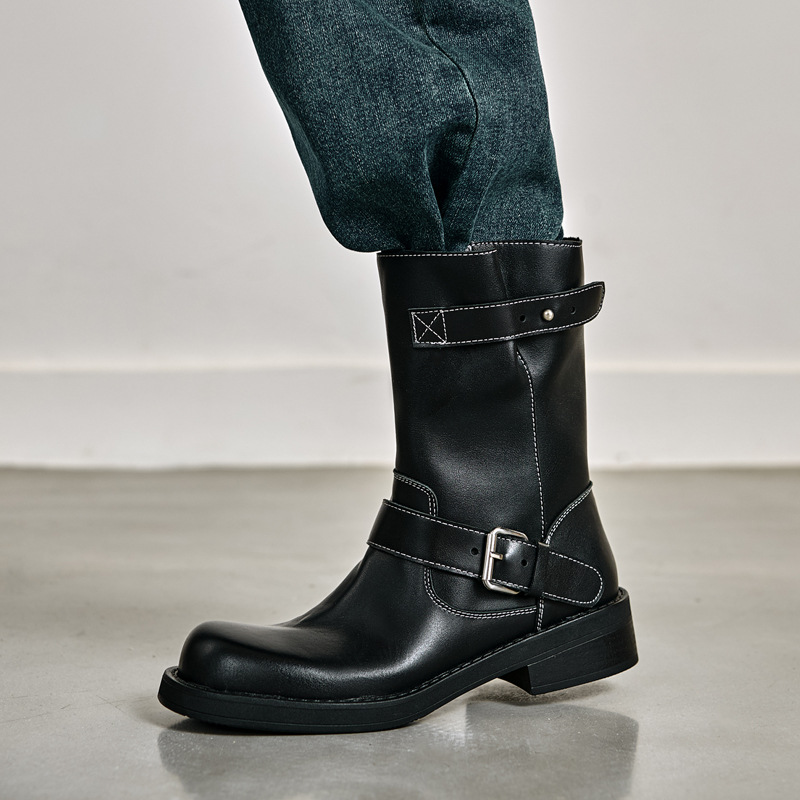 英伦老钱风高级感皮带扣头层牛皮马丁靴2025粗中跟真皮中筒靴子女