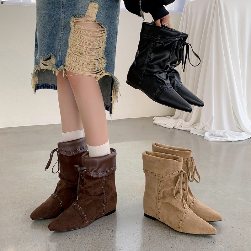 法式小众设计绑带内增高绒面西部靴2025中跟尖头坡跟短靴女41大码