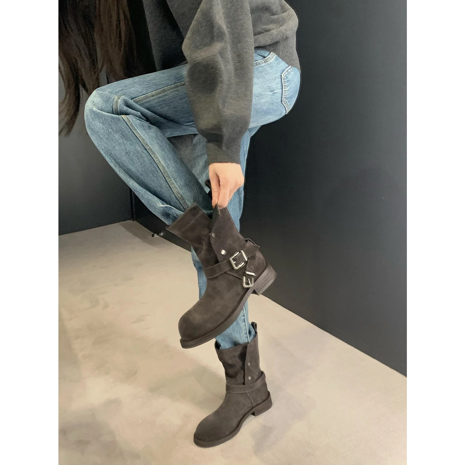 羊皮~葡萄ma同款厚底增高4cm马丁靴女可翻折扣带粗跟西部靴子短靴