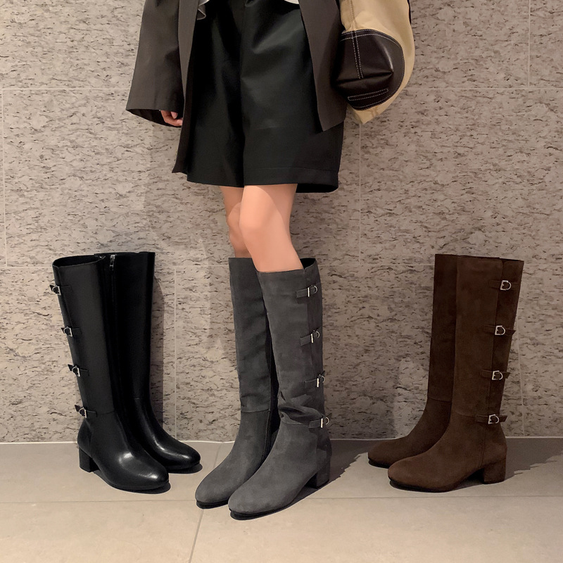 长直腿洋气皮带扣全牛皮骑士靴2025冬粗中跟圆头真皮高筒长靴子女