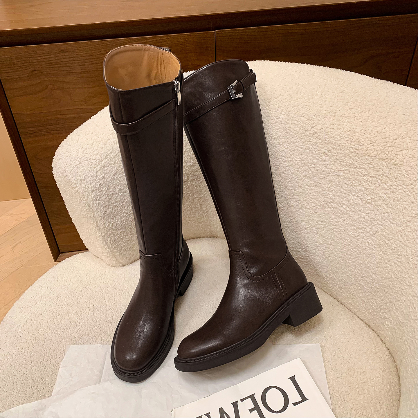 大小筒全牛皮斜口大筒围骑士靴2025粗中跟皮带扣真皮高筒长靴女41