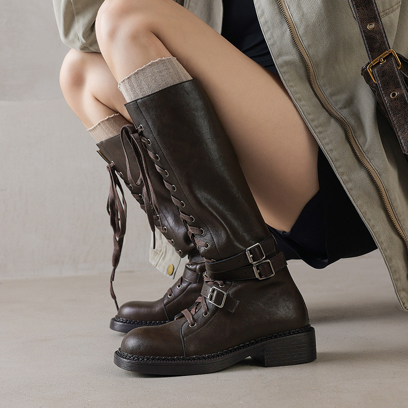 超酷皮带扣全牛皮系带骑士靴2025冬粗中跟圆头真皮系带高筒长靴女