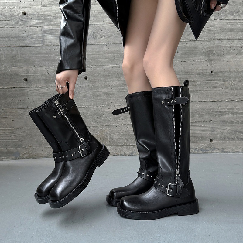 超酷朋克风铆钉皮带扣侧拉链牛皮骑士靴2025粗中跟真皮高筒长靴女
