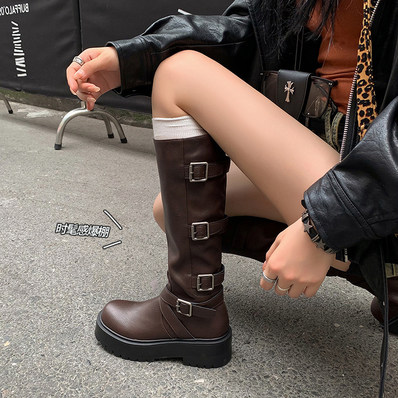 时髦感爆棚~皮带扣增高厚底牛皮骑士靴2025粗中跟圆头高筒长靴女