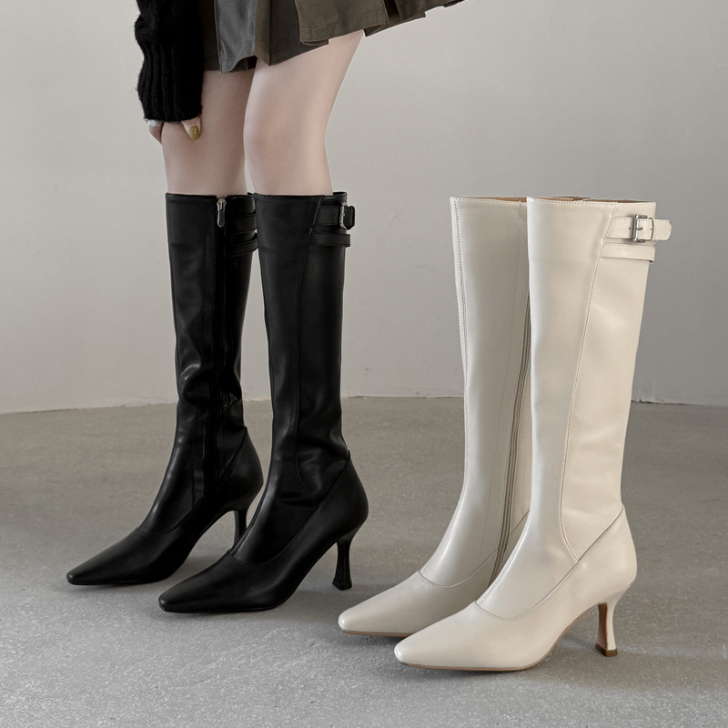 腿精优雅性感高跟高筒靴2025冬尖头皮带扣通勤细跟牛皮弹力长靴女