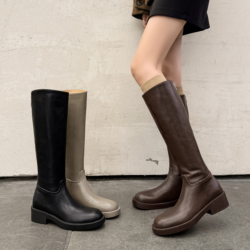 大小筒显瘦修腿全牛皮骑士靴2025粗中跟圆头真皮大筒围高筒长靴41