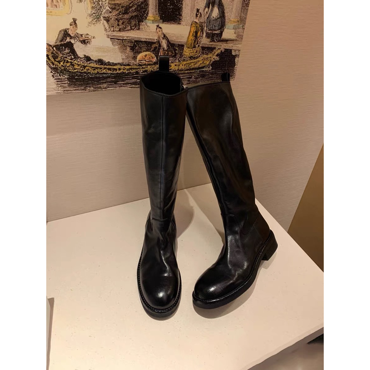 水洗牛皮葡萄ma同款厚底长筒靴女英伦骑士靴法式复古褶皱显瘦靴子