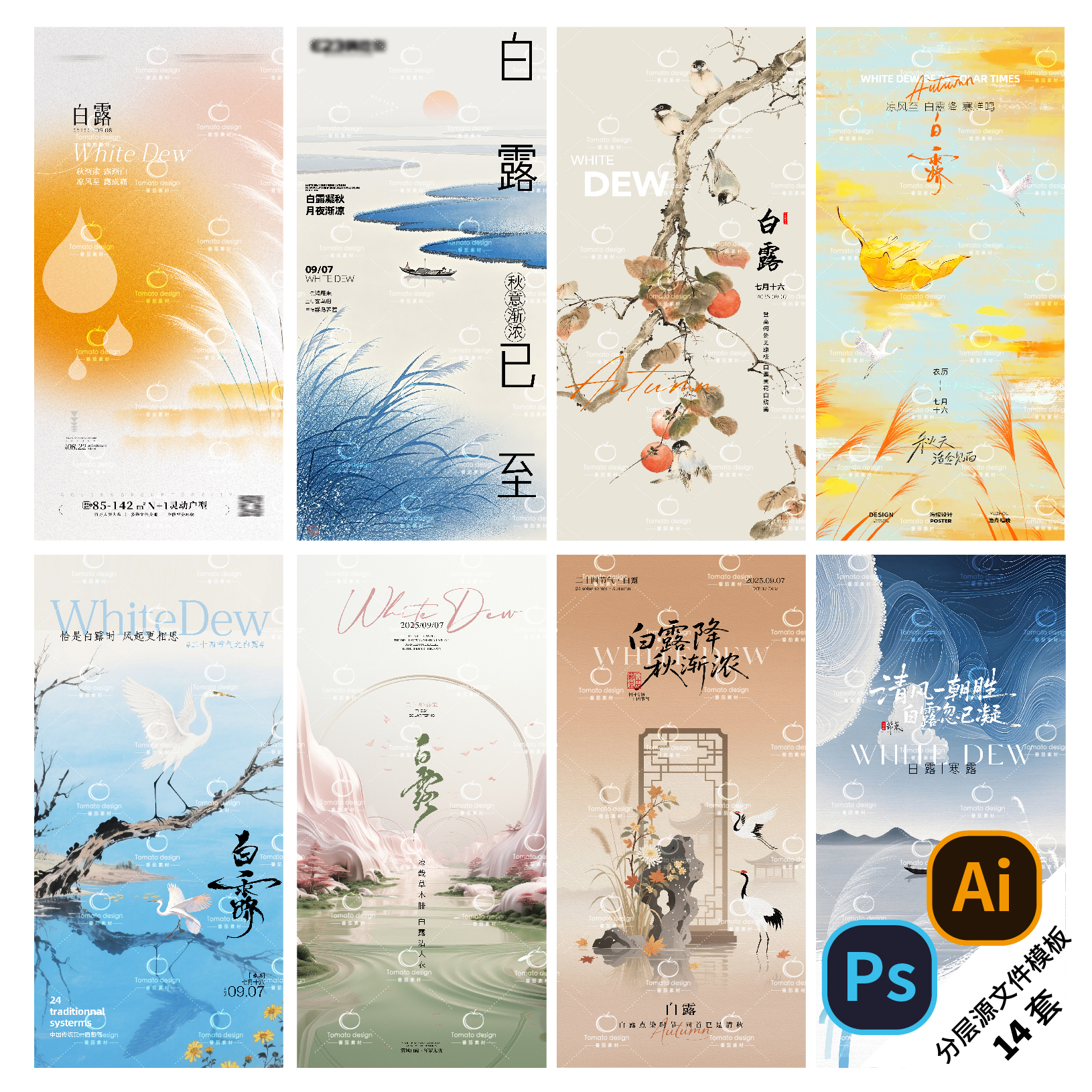 F102-白露海报24传统二十四节气秋分白露寒露地产医美PSD/AI模版