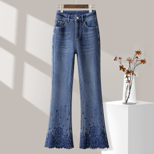 显瘦烫钻喇叭裤 小个子修身 加绒女春秋2026新款 重工刺绣微喇牛仔裤
