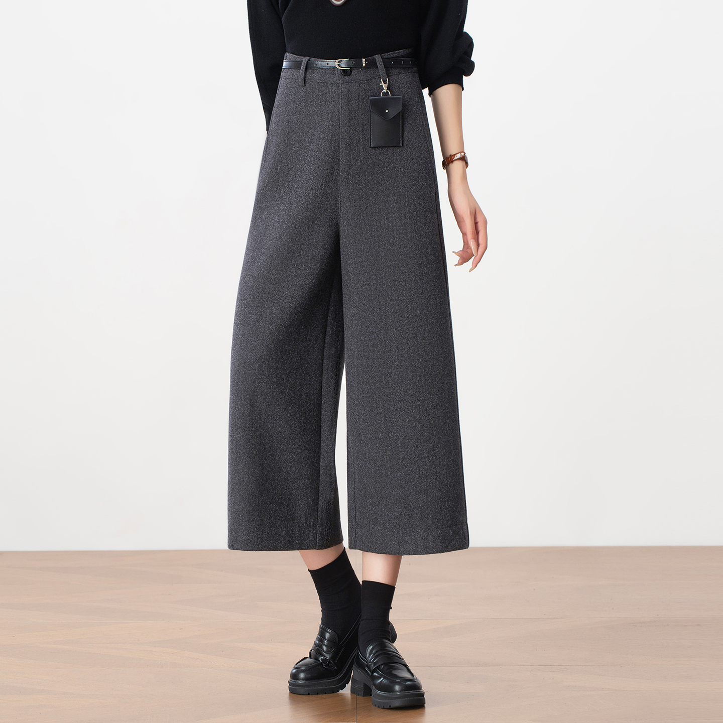 高级感小个子毛呢阔腿裤女秋冬2025新款宽松显瘦松紧腰休闲八分裤