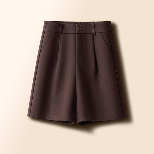 咖色毛呢大码休闲五分裤女冬季2025新款通勤西裤A字阔腿短裤加厚