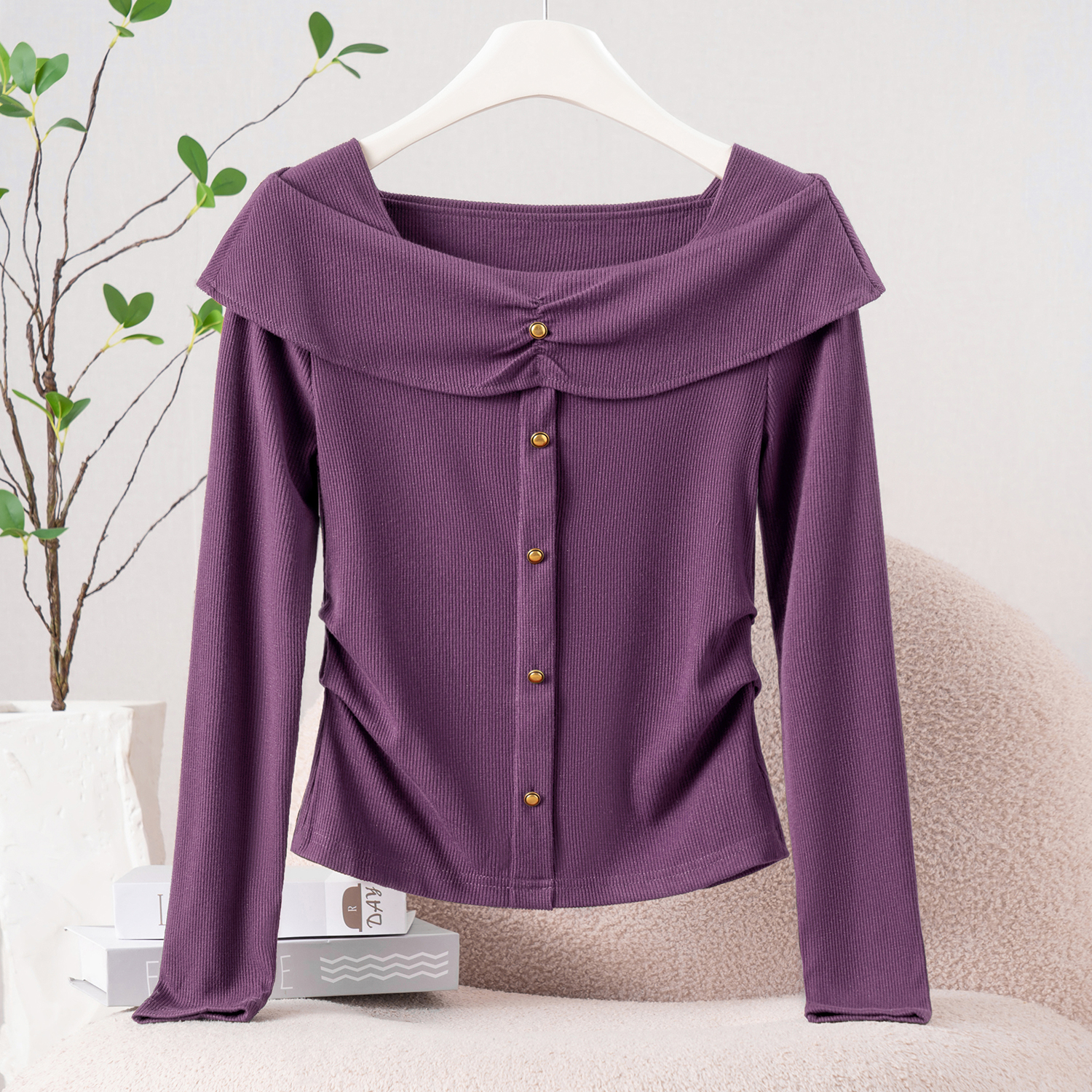 时髦小姨风一字肩长袖T恤女2025秋季新款修身显瘦减龄打底衫上衣