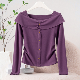 时髦小姨风一字肩长袖T恤女2026春秋新款修身显瘦减龄打底衫上衣