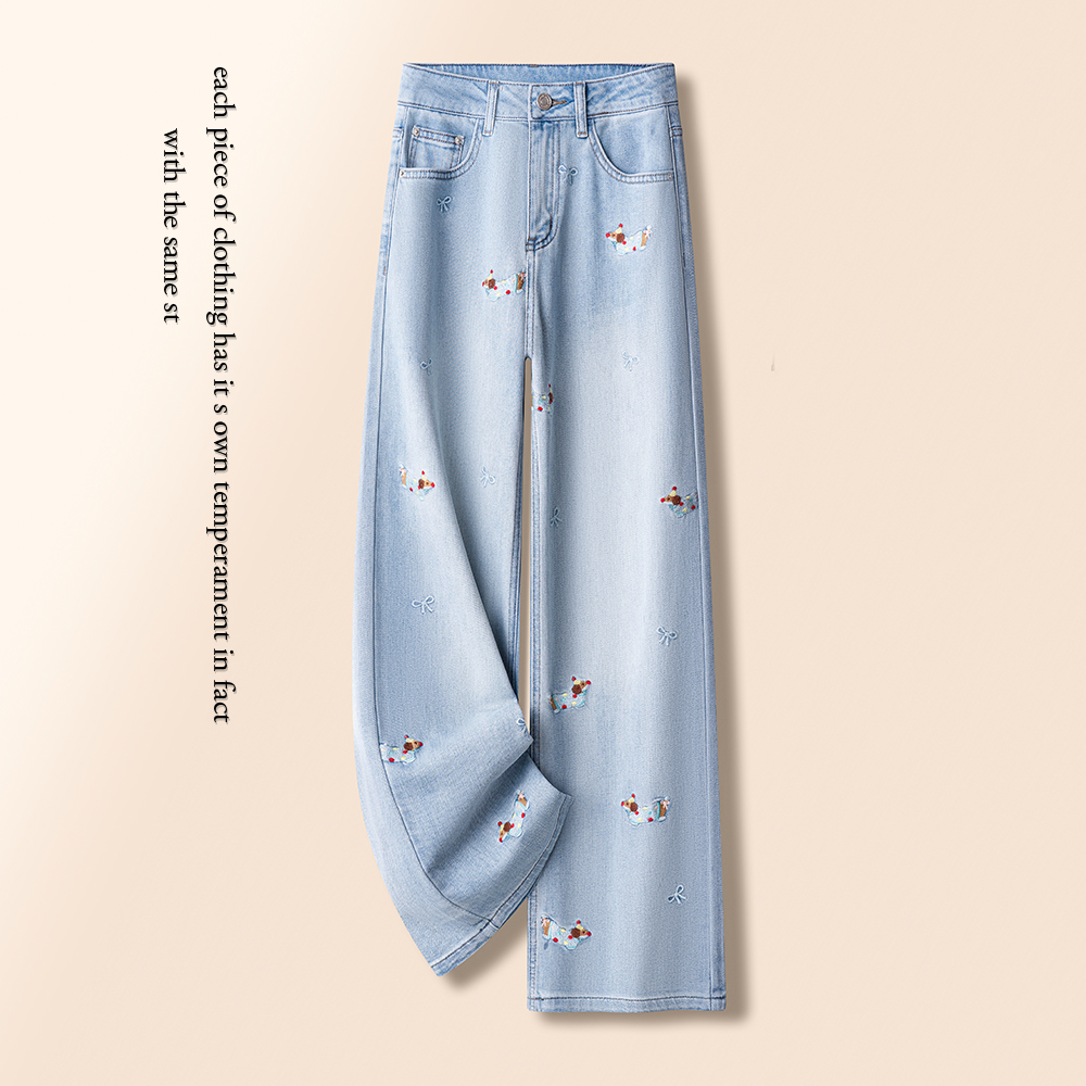浅蓝色蝴蝶结腊肠狗刺绣直筒牛仔裤女夏季2025新款垂感显瘦阔腿裤