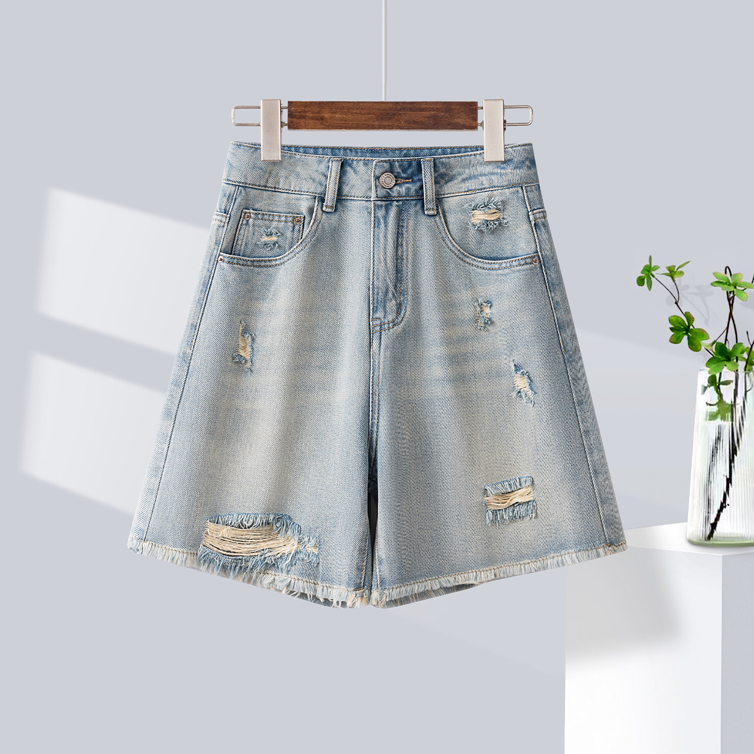 天丝牛仔破洞毛边五分裤女夏季2025薄款高腰直筒中裤休闲阔腿短裤,女装/女士精品,牛仔裤,淘宝优惠券,粉丝福利购,淘宝优惠卷