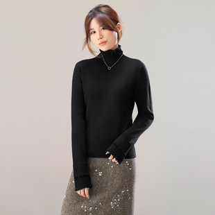 柔软黑色高领针织衫毛衣女春秋2026新款长袖拼接木耳边内搭打底衫