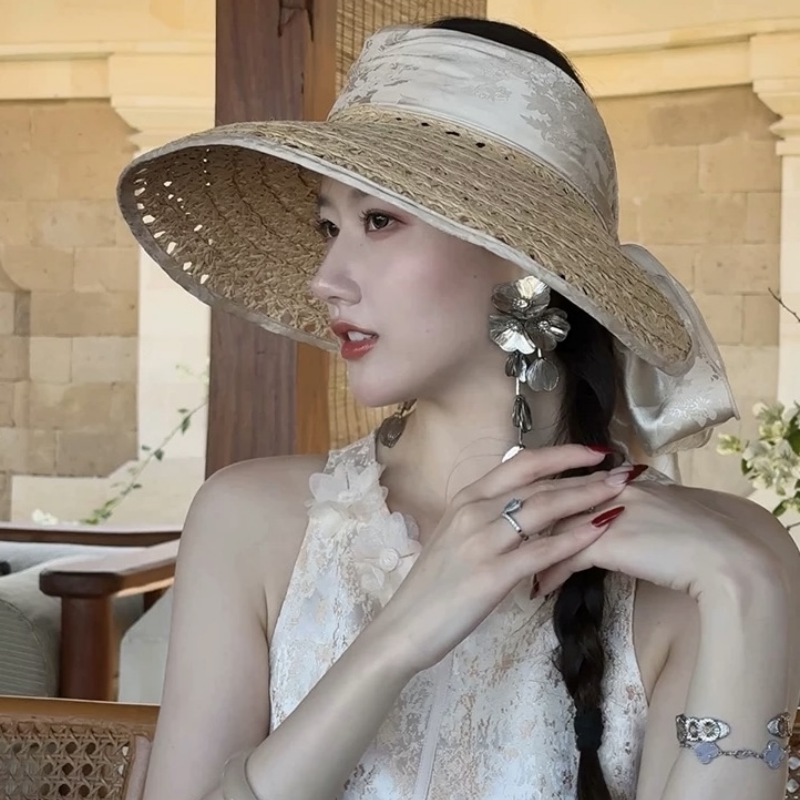 新中式*日本款镂空拉菲草大沿草帽蝴蝶结夏季海边沙滩防晒遮阳帽