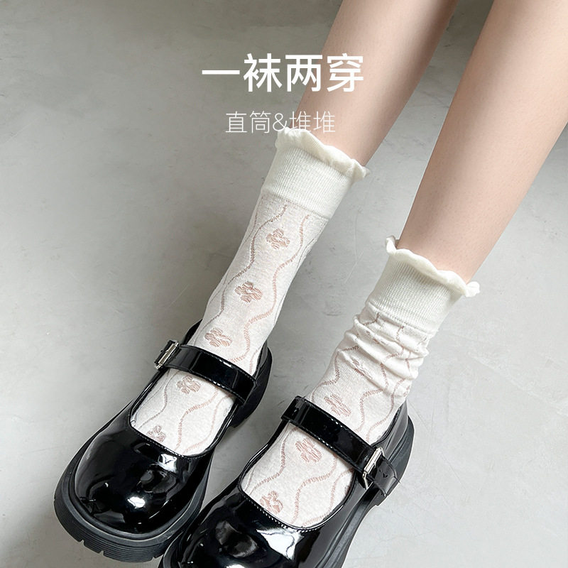 复古小花*jk白色堆堆袜女透气甜美lolita花边暗纹镂空花边中筒袜