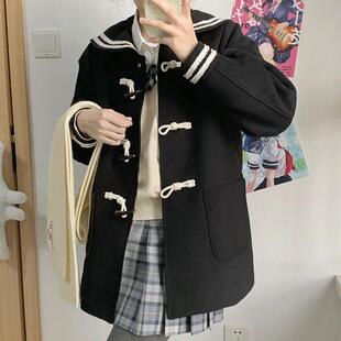 元 原创学院风牛角扣大衣jk制服海军领小个子毛呢外套 兮少女
