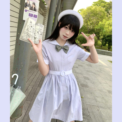 元希少女夏条纹水手领显瘦连衣裙