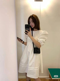 衬衫裙短袖白色连衣裙女夏不规则泡泡袖木耳边小众设计感中长款裙