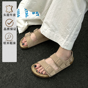 头层牛皮三扣凉鞋外穿勃肯拖鞋女磨砂软木凉鞋勃肯防滑休闲情侣
