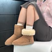 桑坡雪地靴女中筒两穿羊皮毛一体高帮保暖东北棉鞋 5825冬季 新款