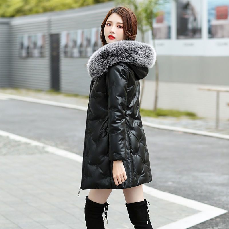 2025新款真皮羽绒服女中长款韩版修身海宁加厚绵羊皮大码皮外套潮