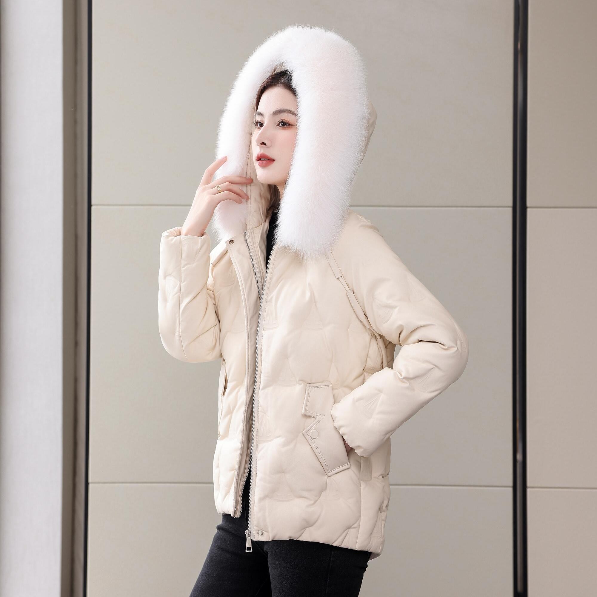 海宁绵羊皮羽绒服女中长款2025冬季新款加绒加厚真皮皮衣保暖外套